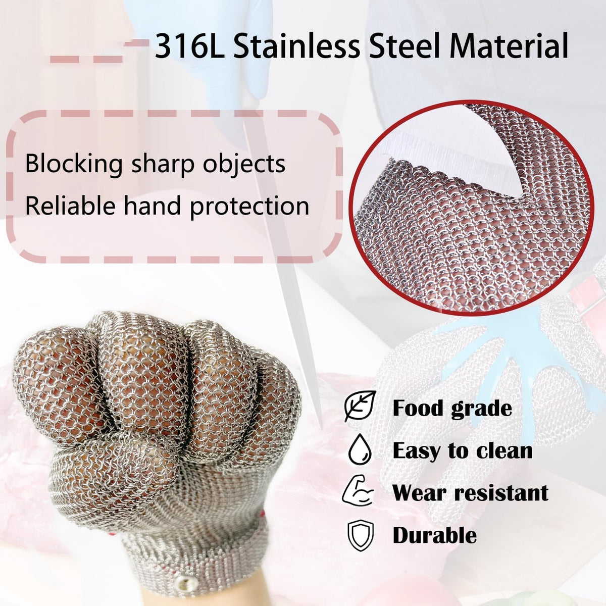 Chainmail Glove Plastic Wrist 316L SS Cut Resistant Metal Mesh for Butcher | welded-ring cut protection for butchering oyster shucking filleting and mandoline work M