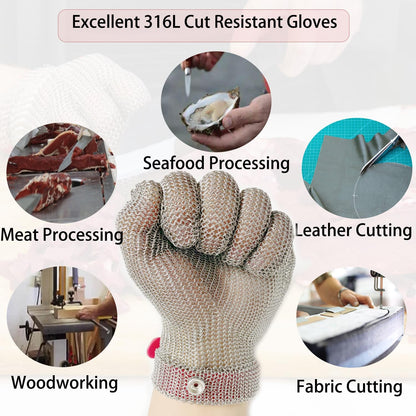 Chainmail Glove Plastic Wrist 316L SS Cut Resistant Metal Mesh for Butcher | welded-ring cut protection for butchering oyster shucking filleting and mandoline work M