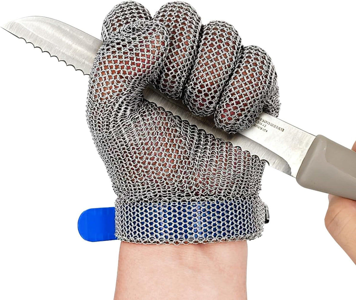 Chainmail Glove Plastic Wrist 316L SS Cut Resistant Metal Mesh for Butcher | welded-ring cut protection for butchering oyster shucking filleting and mandoline work M