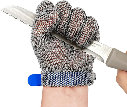 Chainmail Glove Plastic Wrist 316L SS Cut Resistant Metal Mesh for Butcher | welded-ring cut protection for butchering oyster shucking filleting and mandoline work M