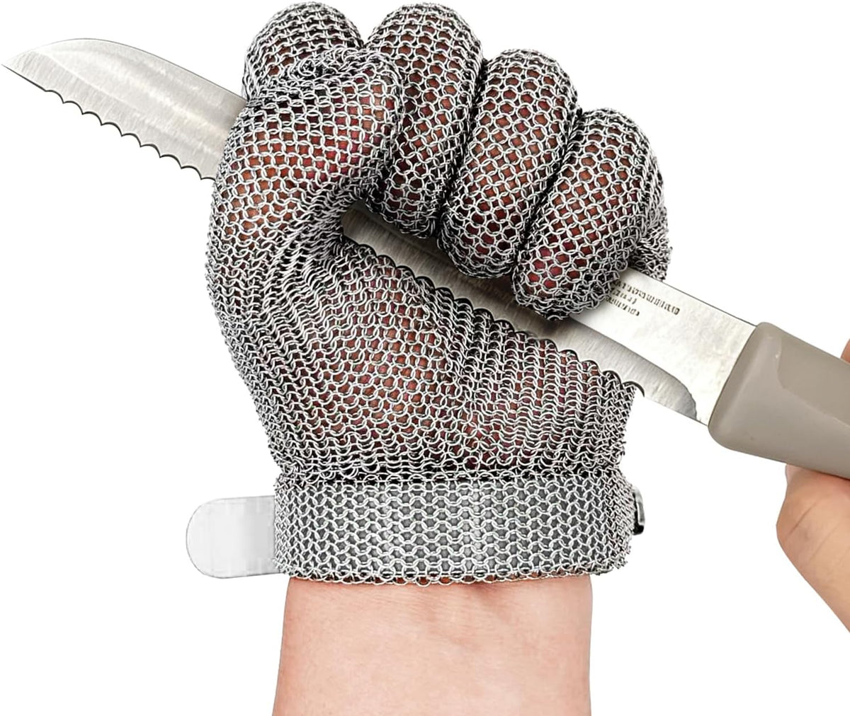 Chainmail Glove Plastic Wrist 316L SS Cut Resistant Metal Mesh for Butcher | welded-ring cut protection for butchering oyster shucking filleting and mandoline work M