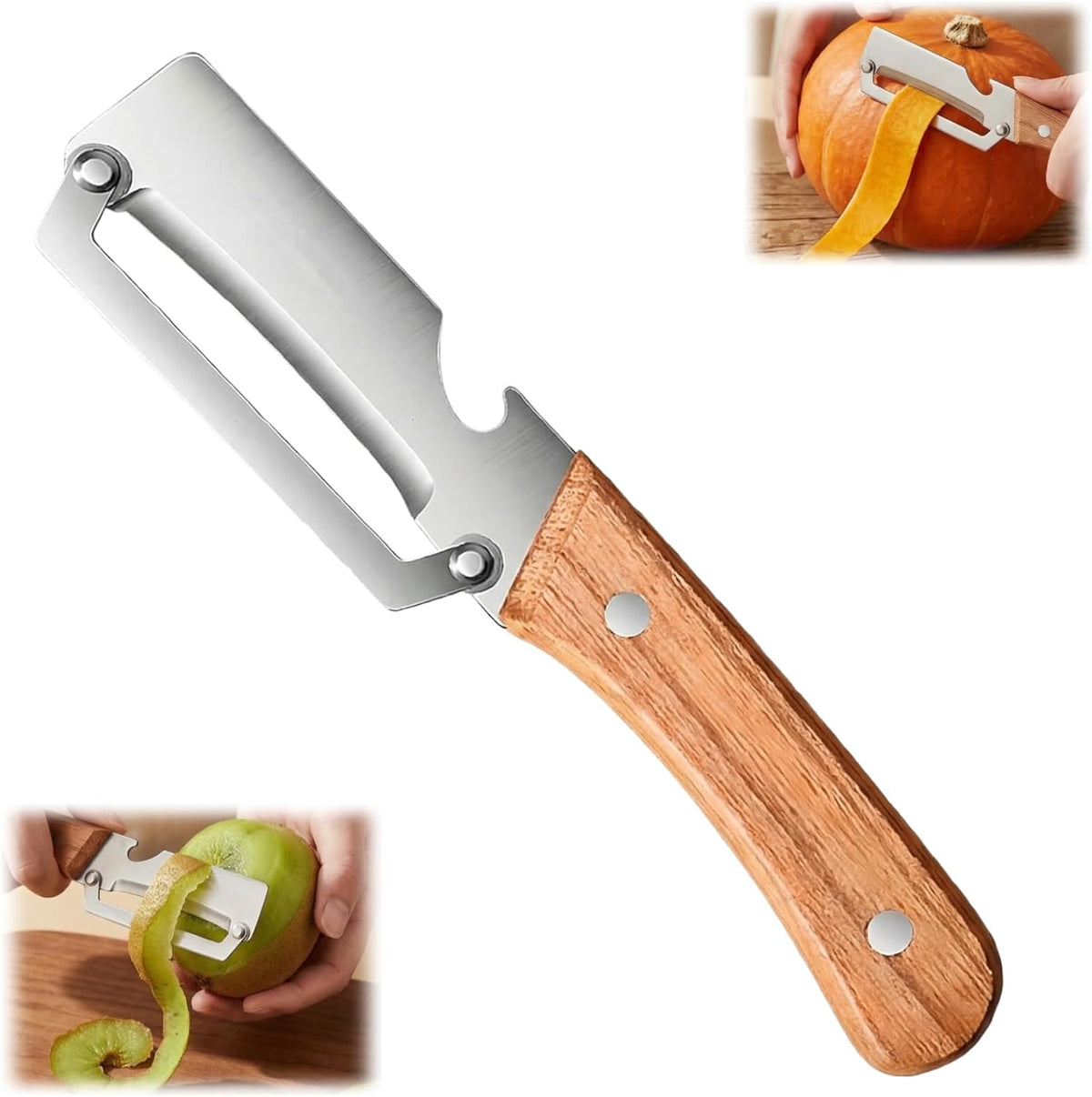 Multi-Functional Vegetable Peeler for Kitchen, New Ultra-Sharp Stainless Steel Blade with Wooden Handle and Bottle Opener, For Fruits and vegetables