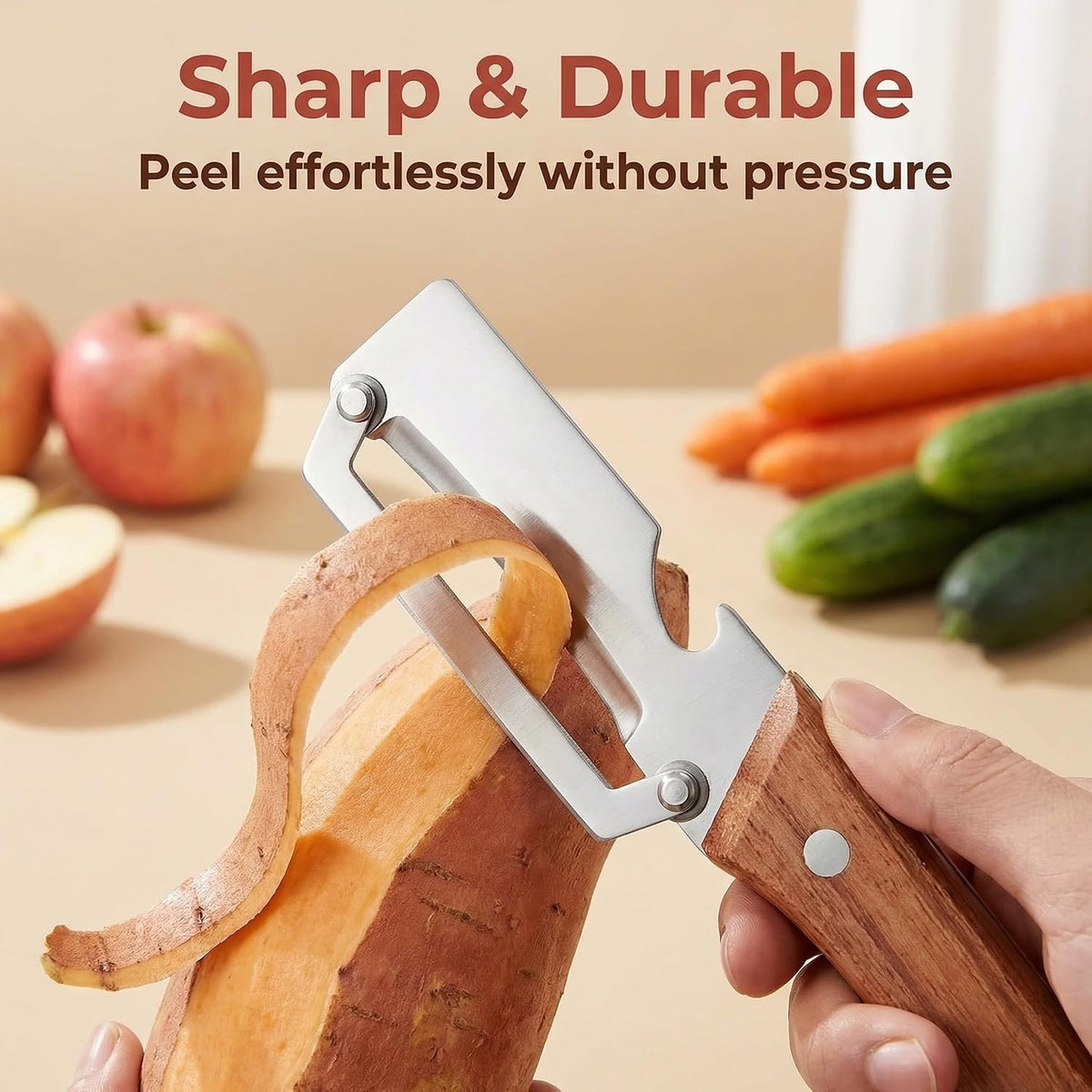 Multi-Functional Vegetable Peeler for Kitchen, New Ultra-Sharp Stainless Steel Blade with Wooden Handle and Bottle Opener, For Fruits and vegetables