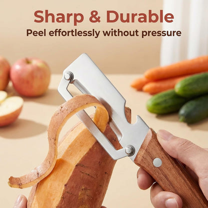 Multi-Functional Vegetable Peeler for Kitchen, New Ultra-Sharp Stainless Steel Blade with Wooden Handle and Bottle Opener, For Fruits and vegetables