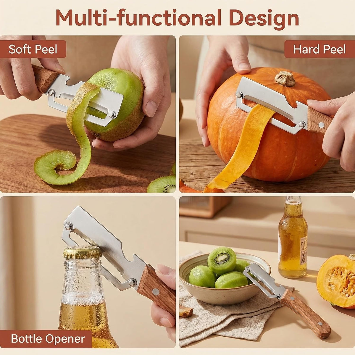 Multi-Functional Vegetable Peeler for Kitchen, New Ultra-Sharp Stainless Steel Blade with Wooden Handle and Bottle Opener, For Fruits and vegetables