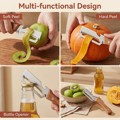 Multi-Functional Vegetable Peeler for Kitchen, New Ultra-Sharp Stainless Steel Blade with Wooden Handle and Bottle Opener, For Fruits and vegetables