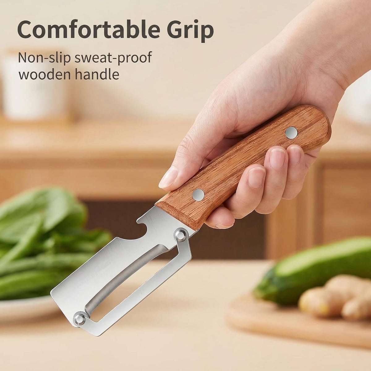 Multi-Functional Vegetable Peeler for Kitchen, New Ultra-Sharp Stainless Steel Blade with Wooden Handle and Bottle Opener, For Fruits and vegetables