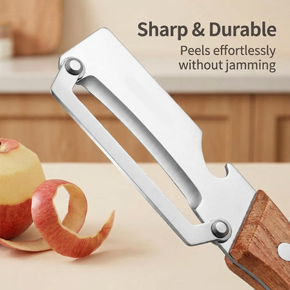Multi-Functional Vegetable Peeler for Kitchen, New Ultra-Sharp Stainless Steel Blade with Wooden Handle and Bottle Opener, For Fruits and vegetables