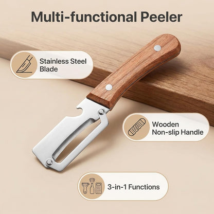 Multi-Functional Vegetable Peeler for Kitchen, New Ultra-Sharp Stainless Steel Blade with Wooden Handle and Bottle Opener, For Fruits and vegetables