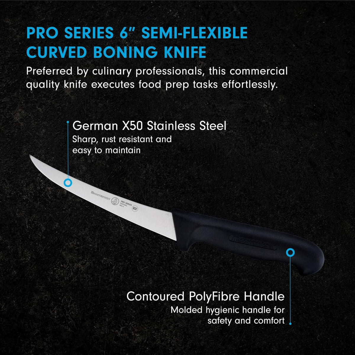 Pro Series 6” Semi-Flexible Curved Boning Knife - German X50 Stainless Steel & NSF-Approved PolyFibre Handle - 15-Degree Edge, Rust Resistant & Easy to Maintain - Made in Portugal