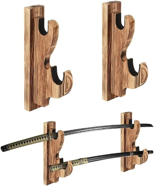 Upscale Hook Sword Stand - Two-Layer Wall Mounted Samurai Sword Hanger for Katana, Wakizashi & Tanto Weapon Rack - Solid Wood Color