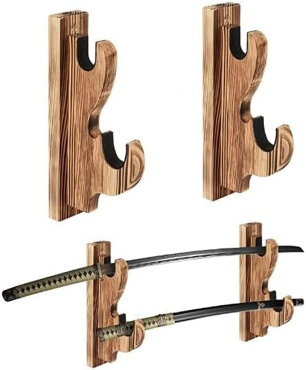 Upscale Hook Sword Stand - Two-Layer Wall Mounted Samurai Sword Hanger for Katana, Wakizashi & Tanto Weapon Rack - Solid Wood Color