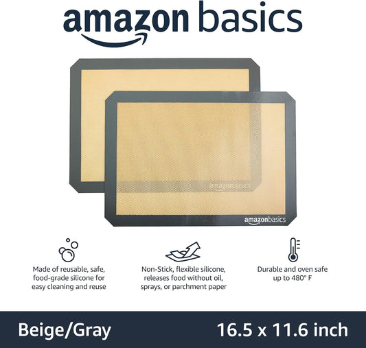 Silicone Rectangular Baking Mat, Non-Stick, Reusable, Dishwasher Safe, Food Safe, Heat Resistant, 16.5" x 11.6", Beige/Gray, 2-Pack