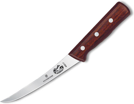 Wood 6" Boning Knife, Curved Blade, Semi-stiff, Maple Handle | Professional stainless steel meat trimming tool, extra narrow design for deboning tasks, ergonomic natural wood grip