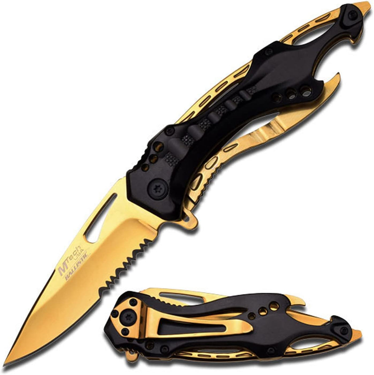 Folding Knife, 3.75-Inch Half-Serrated Blade, Titanium Coating, Glass Breaker, Pocket Clip