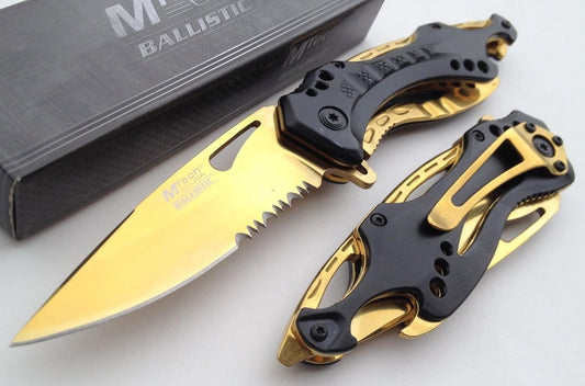 Folding Knife, 3.75-Inch Half-Serrated Blade, Titanium Coating, Glass Breaker, Pocket Clip