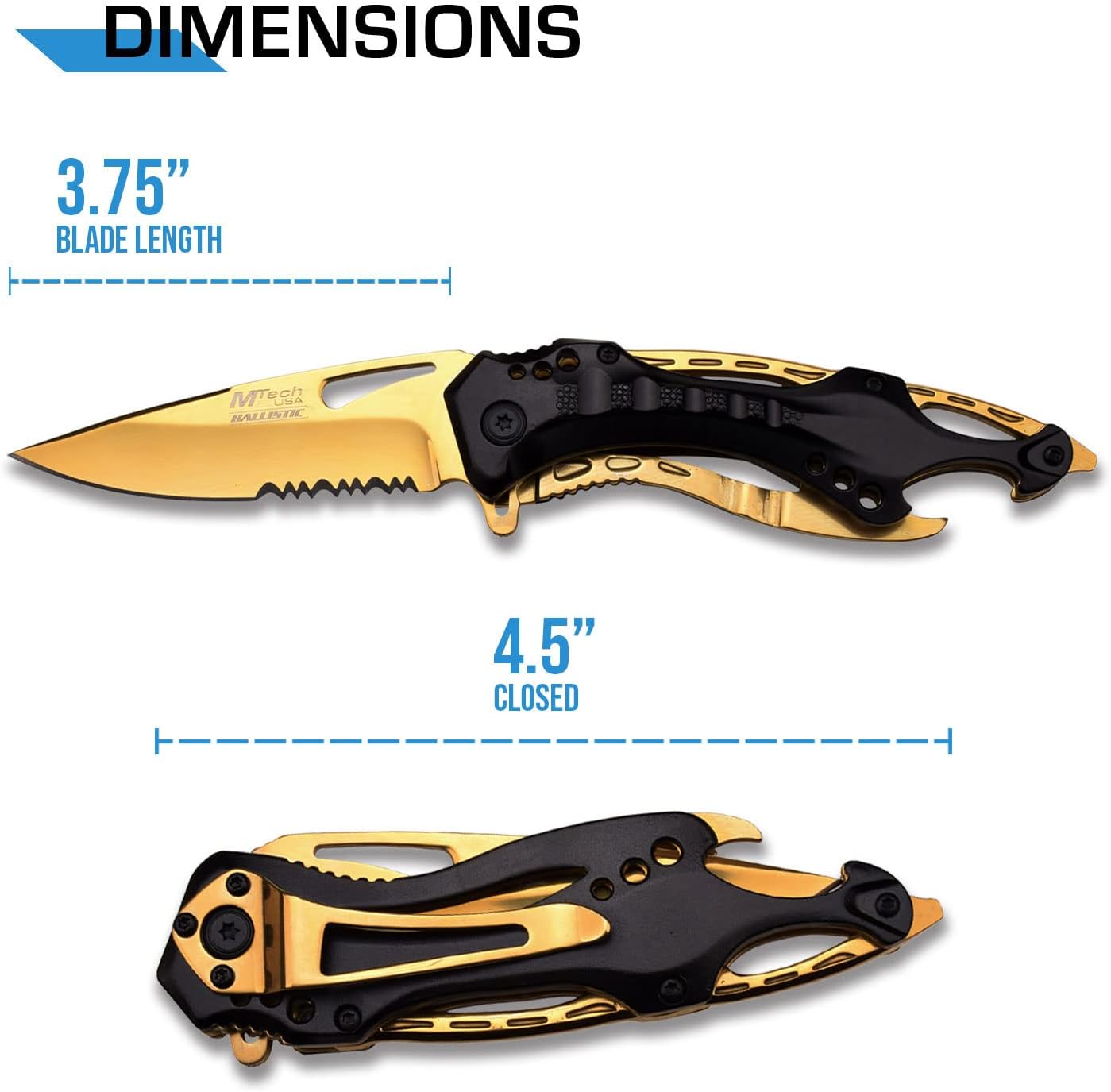 Folding Knife, 3.75-Inch Half-Serrated Blade, Titanium Coating, Glass Breaker, Pocket Clip