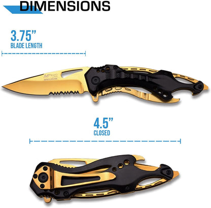 Folding Knife, 3.75-Inch Half-Serrated Blade, Titanium Coating, Glass Breaker, Pocket Clip