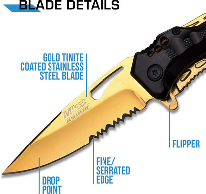 Folding Knife, 3.75-Inch Half-Serrated Blade, Titanium Coating, Glass Breaker, Pocket Clip