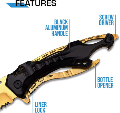Folding Knife, 3.75-Inch Half-Serrated Blade, Titanium Coating, Glass Breaker, Pocket Clip