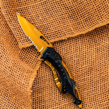 Folding Knife, 3.75-Inch Half-Serrated Blade, Titanium Coating, Glass Breaker, Pocket Clip