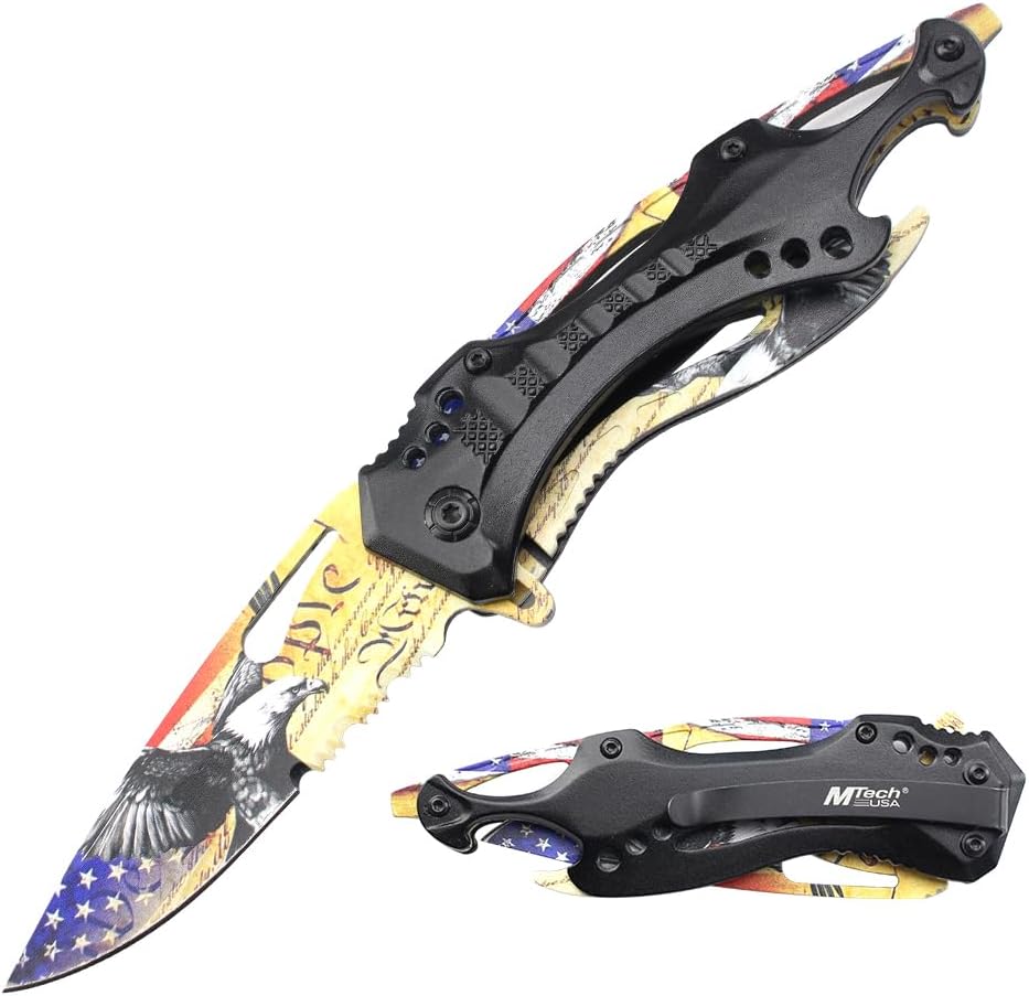 Folding Knife, 3.75-Inch Half-Serrated Blade, Titanium Coating, Glass Breaker, Pocket Clip