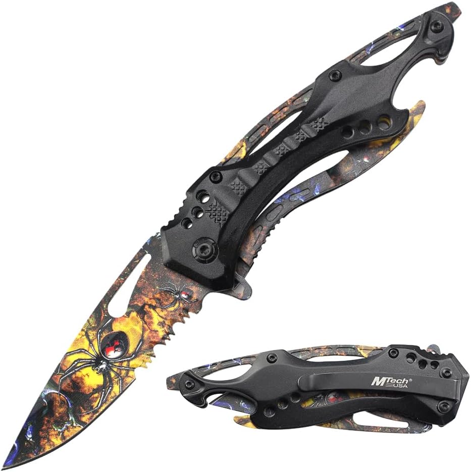 Folding Knife, 3.75-Inch Half-Serrated Blade, Titanium Coating, Glass Breaker, Pocket Clip
