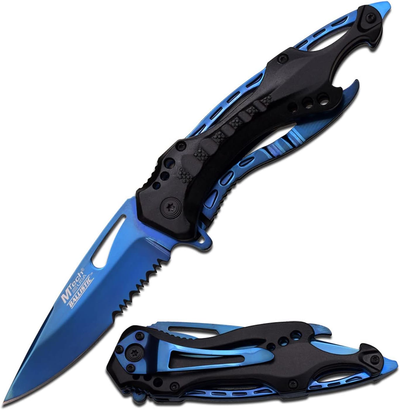 Folding Knife, 3.75-Inch Half-Serrated Blade, Titanium Coating, Glass Breaker, Pocket Clip