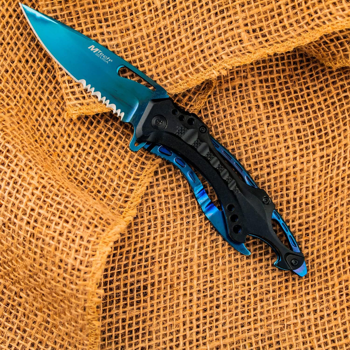 Folding Knife, 3.75-Inch Half-Serrated Blade, Titanium Coating, Glass Breaker, Pocket Clip