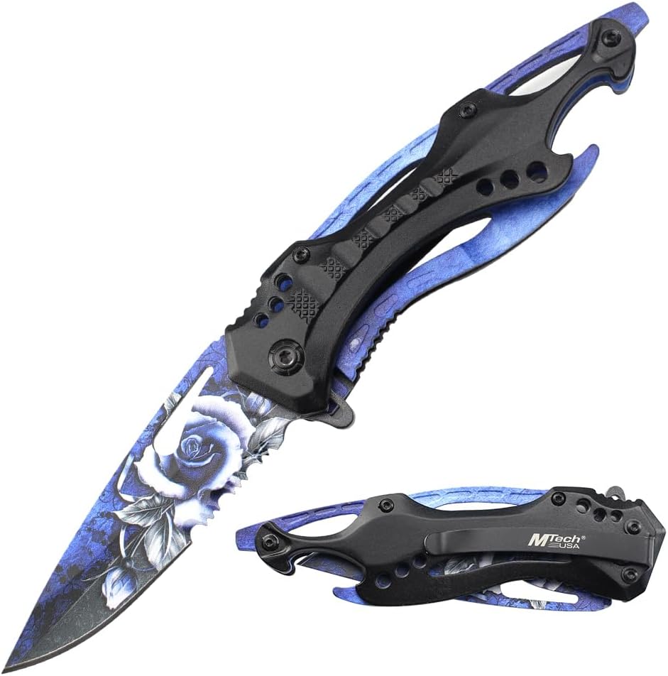Folding Knife, 3.75-Inch Half-Serrated Blade, Titanium Coating, Glass Breaker, Pocket Clip