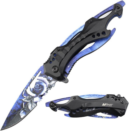 Folding Knife, 3.75-Inch Half-Serrated Blade, Titanium Coating, Glass Breaker, Pocket Clip