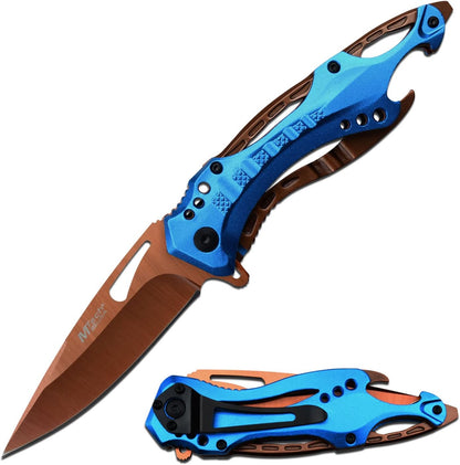 Folding Knife, 3.75-Inch Half-Serrated Blade, Titanium Coating, Glass Breaker, Pocket Clip