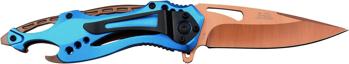 Folding Knife, 3.75-Inch Half-Serrated Blade, Titanium Coating, Glass Breaker, Pocket Clip