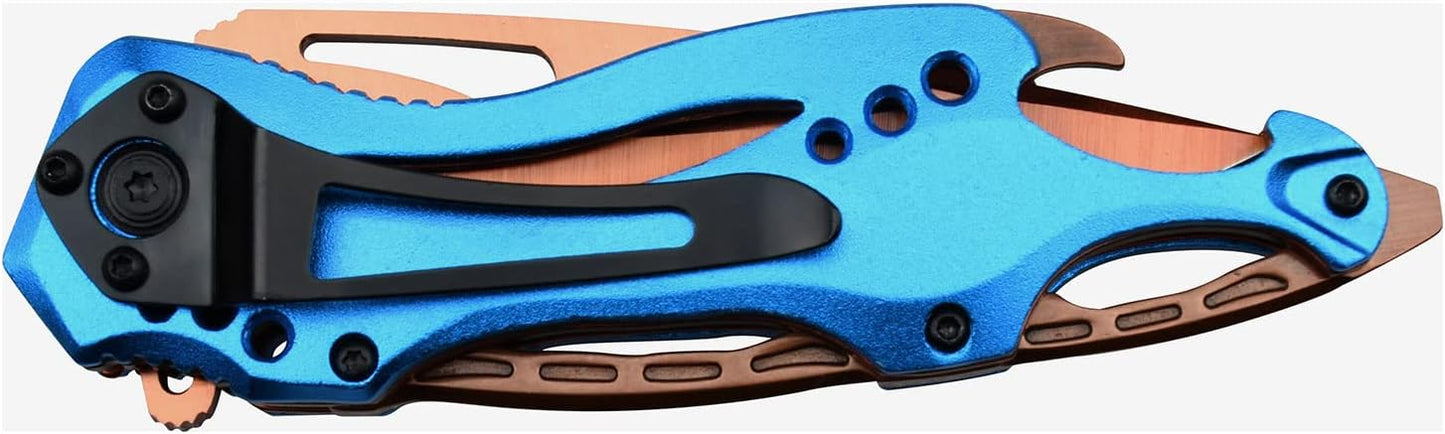 Folding Knife, 3.75-Inch Half-Serrated Blade, Titanium Coating, Glass Breaker, Pocket Clip