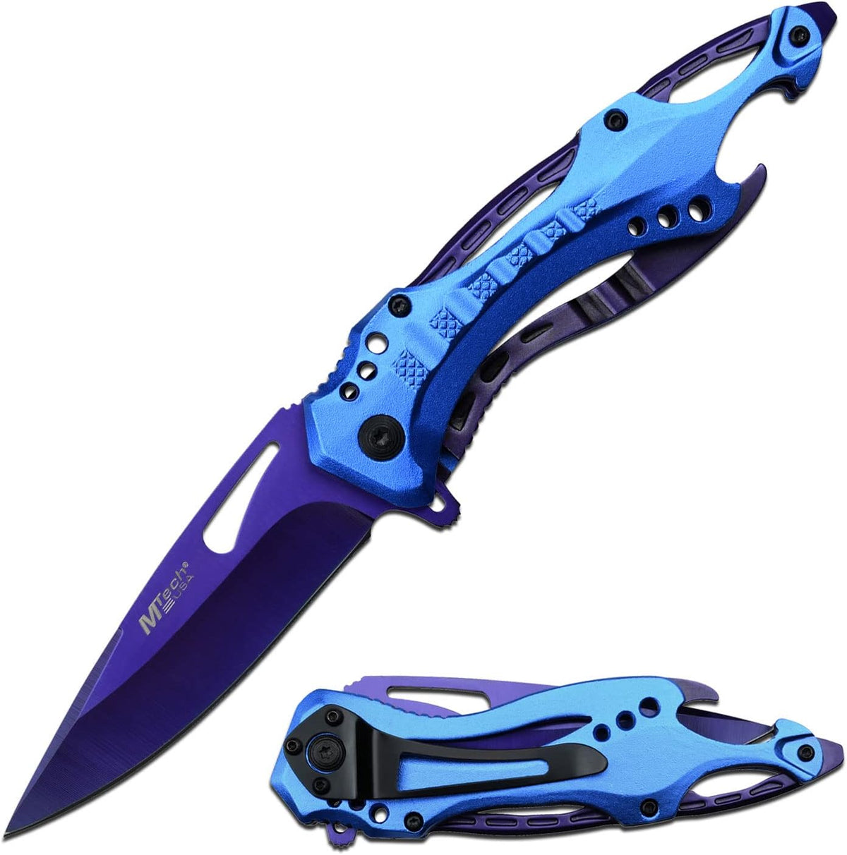 Folding Knife, 3.75-Inch Half-Serrated Blade, Titanium Coating, Glass Breaker, Pocket Clip