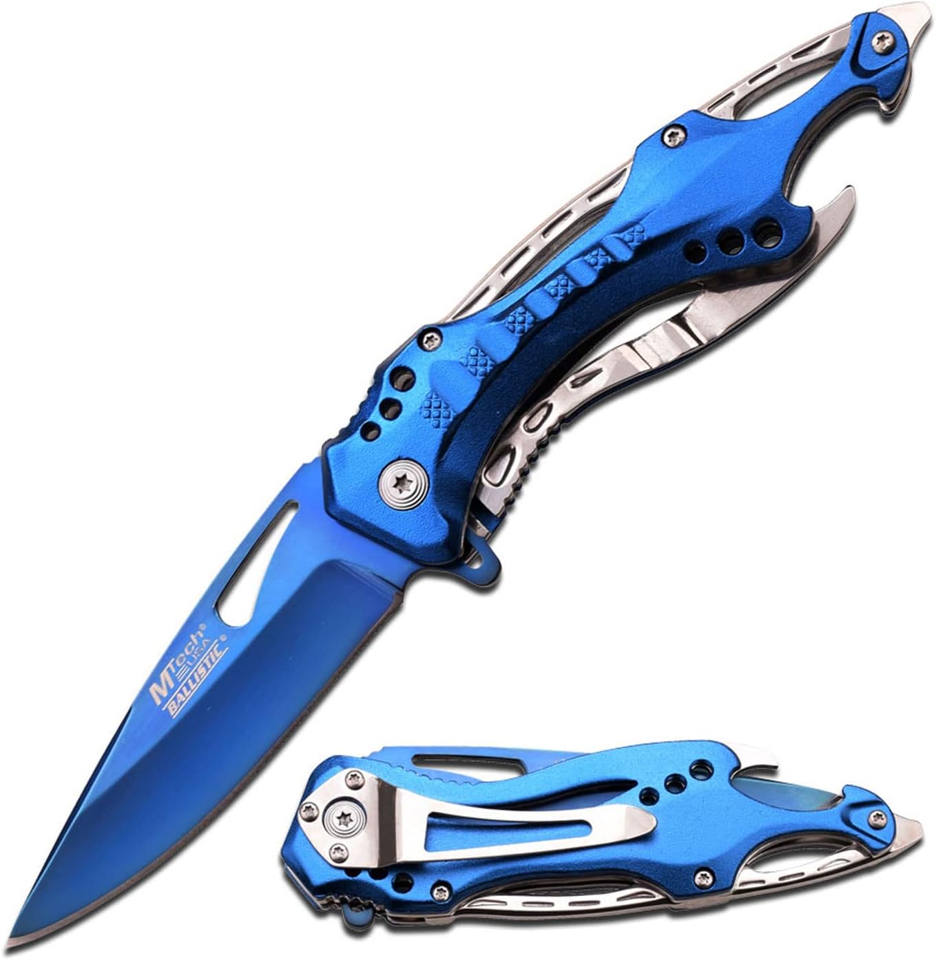 Folding Knife, 3.75-Inch Half-Serrated Blade, Titanium Coating, Glass Breaker, Pocket Clip