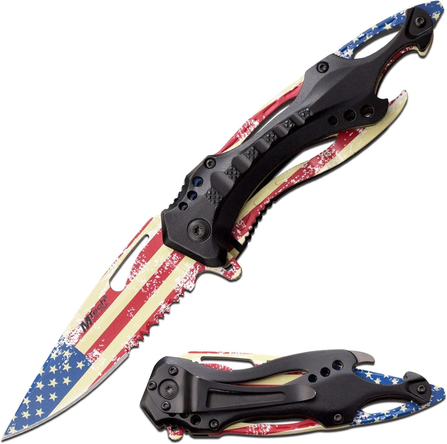 Folding Knife, 3.75-Inch Half-Serrated Blade, Titanium Coating, Glass Breaker, Pocket Clip