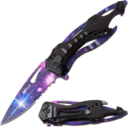 Folding Knife, 3.75-Inch Half-Serrated Blade, Titanium Coating, Glass Breaker, Pocket Clip
