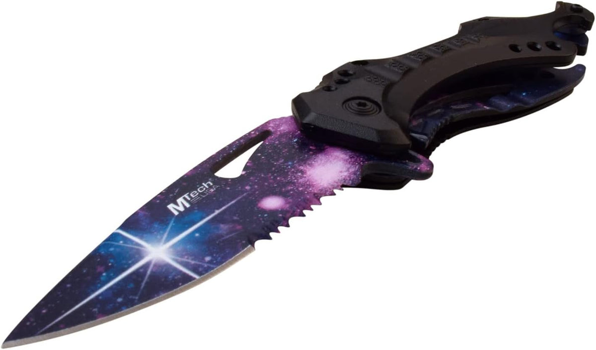 Folding Knife, 3.75-Inch Half-Serrated Blade, Titanium Coating, Glass Breaker, Pocket Clip