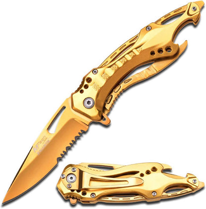 Folding Knife, 3.75-Inch Half-Serrated Blade, Titanium Coating, Glass Breaker, Pocket Clip