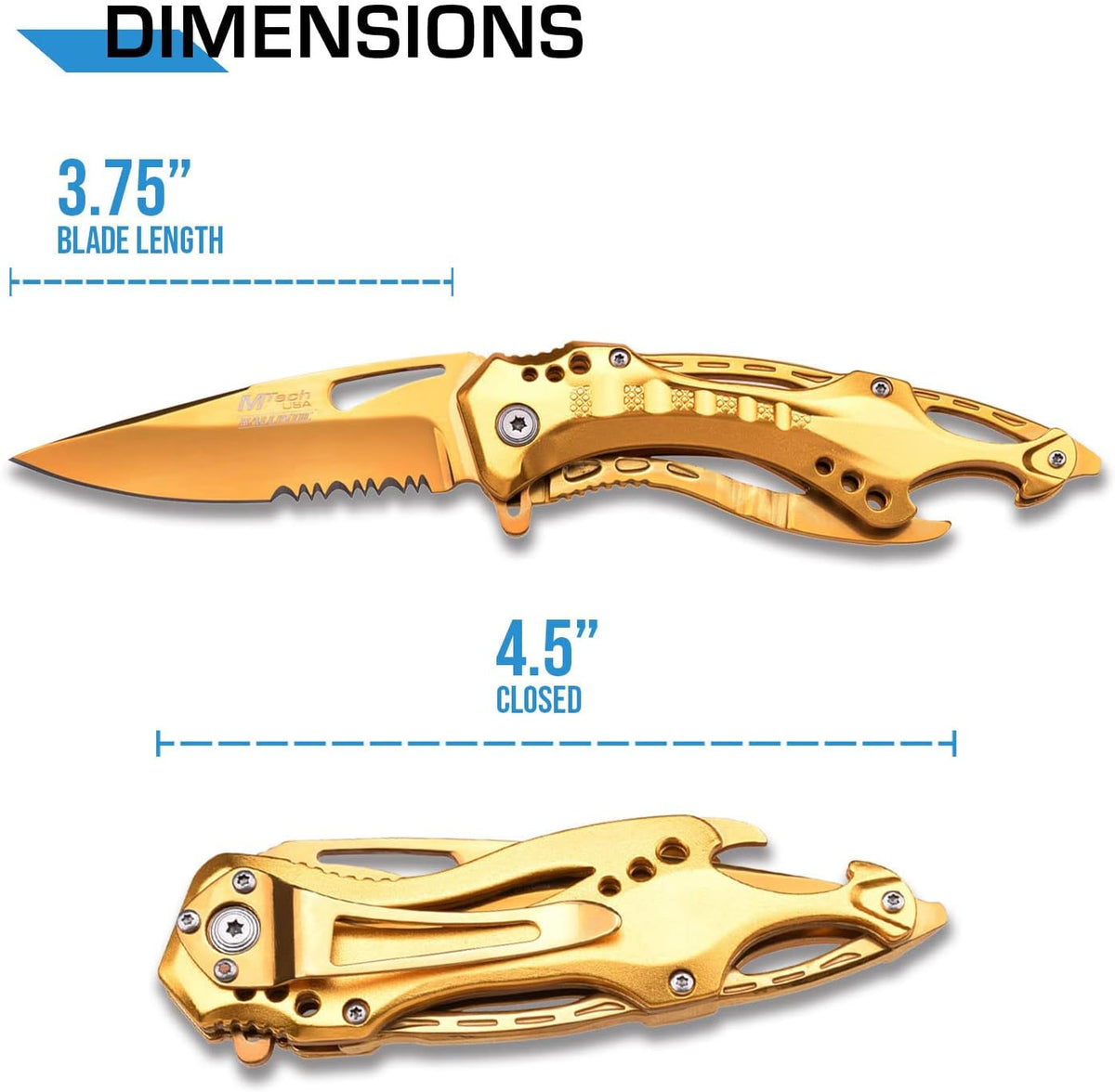 Folding Knife, 3.75-Inch Half-Serrated Blade, Titanium Coating, Glass Breaker, Pocket Clip