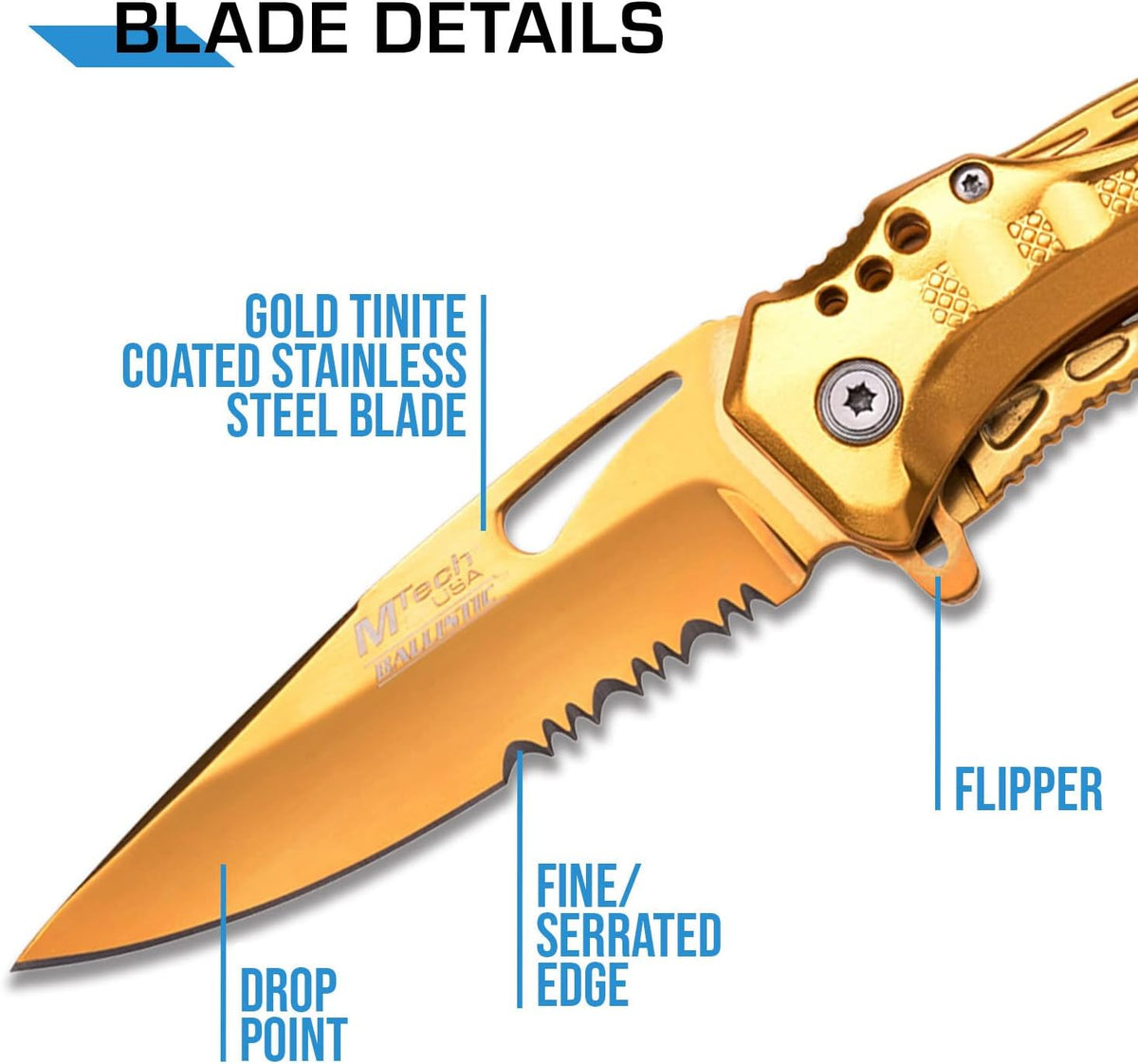 Folding Knife, 3.75-Inch Half-Serrated Blade, Titanium Coating, Glass Breaker, Pocket Clip