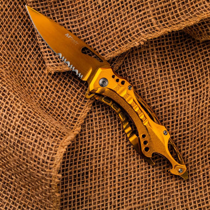Folding Knife, 3.75-Inch Half-Serrated Blade, Titanium Coating, Glass Breaker, Pocket Clip