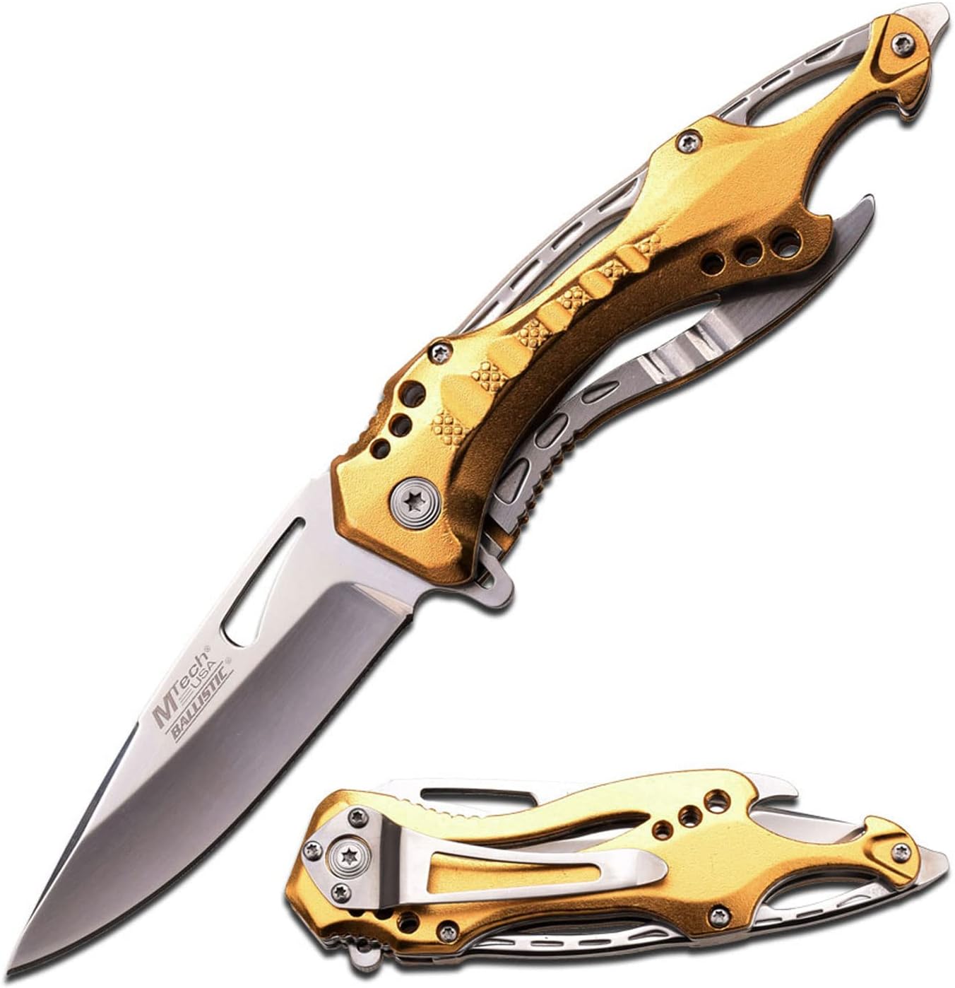 Folding Knife, 3.75-Inch Half-Serrated Blade, Titanium Coating, Glass Breaker, Pocket Clip