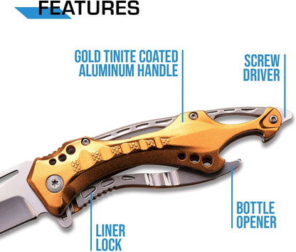 Folding Knife, 3.75-Inch Half-Serrated Blade, Titanium Coating, Glass Breaker, Pocket Clip