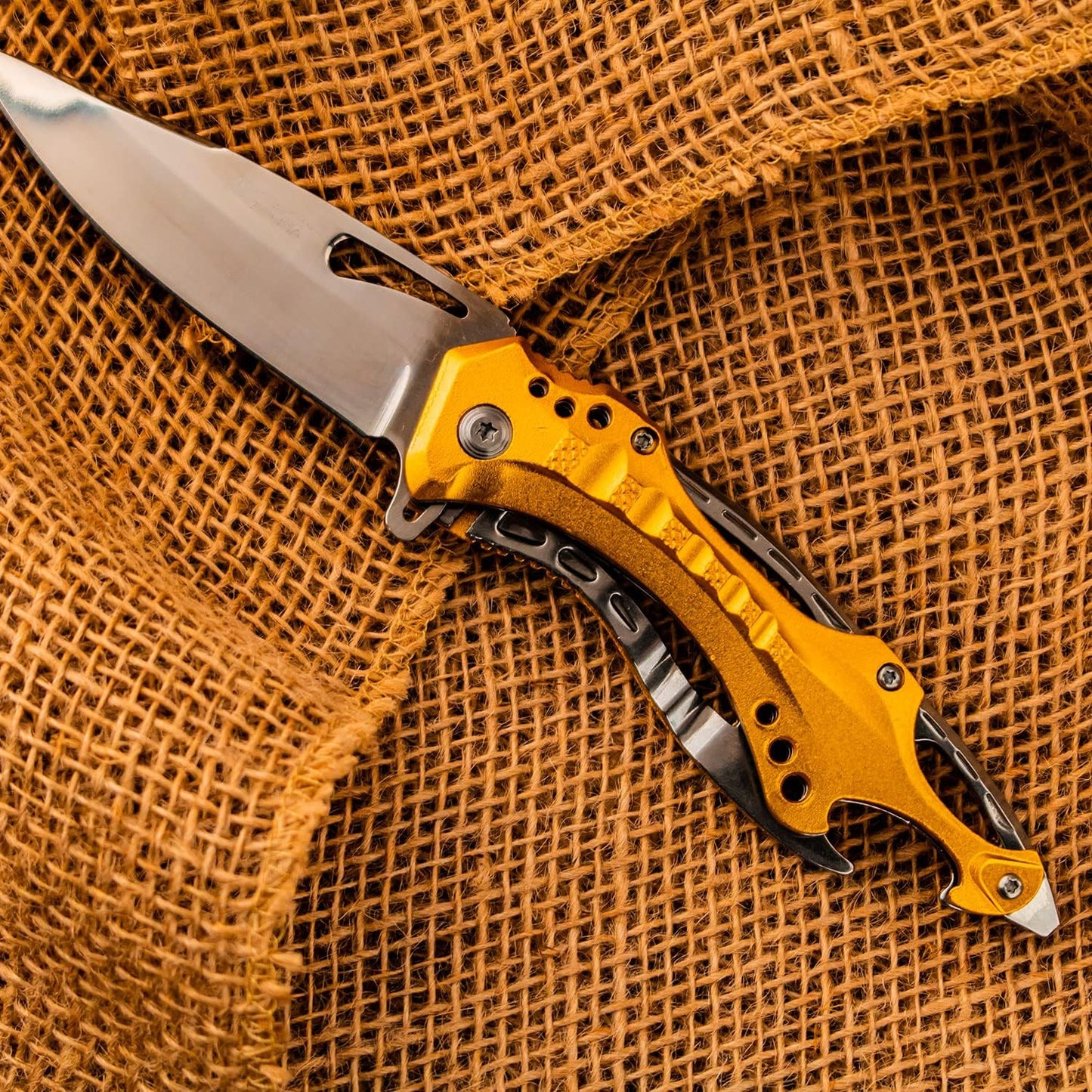 Folding Knife, 3.75-Inch Half-Serrated Blade, Titanium Coating, Glass Breaker, Pocket Clip