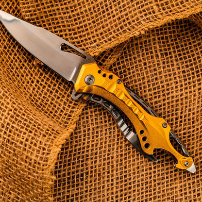 Folding Knife, 3.75-Inch Half-Serrated Blade, Titanium Coating, Glass Breaker, Pocket Clip