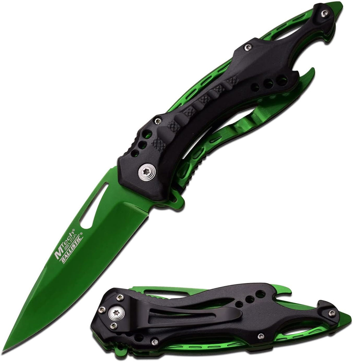 Folding Knife, 3.75-Inch Half-Serrated Blade, Titanium Coating, Glass Breaker, Pocket Clip