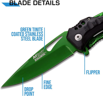 Folding Knife, 3.75-Inch Half-Serrated Blade, Titanium Coating, Glass Breaker, Pocket Clip