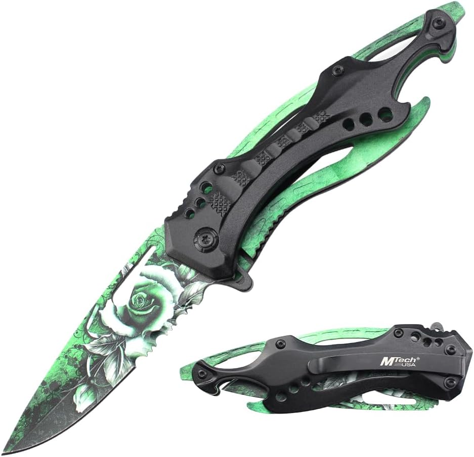 Folding Knife, 3.75-Inch Half-Serrated Blade, Titanium Coating, Glass Breaker, Pocket Clip